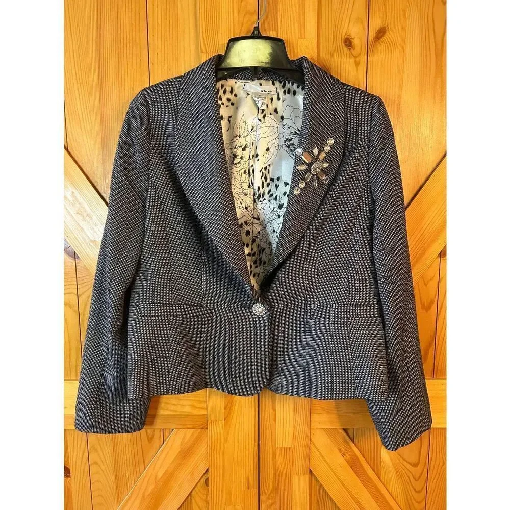 WD.NY Long Sleeve Black White Houndstooth Blazer Jeweled Buttons Size 14 (8756)